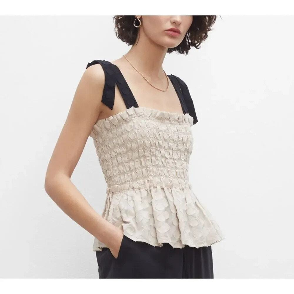 Club Monaco Beige Circle Textured Smocked Peplum Cotton Blend Tank Top S